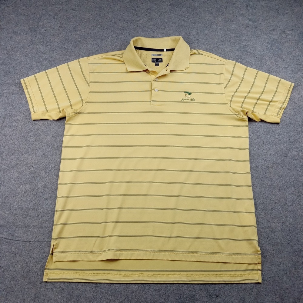 Adidas Polo Shirt Mens Medium Yellow‎ Stripe Climacool Golf Performance Logo Top